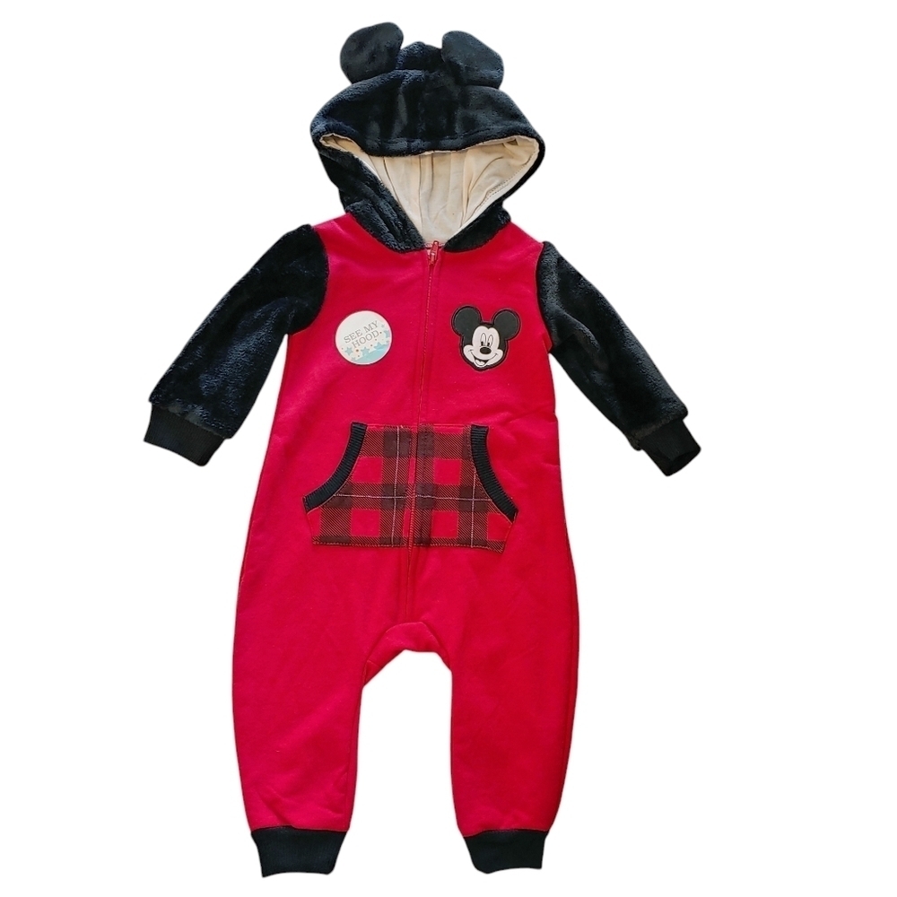 Disney Baby Red and Black Mickey Mouse Zipper Footless One Piece Sz 6/9 Months